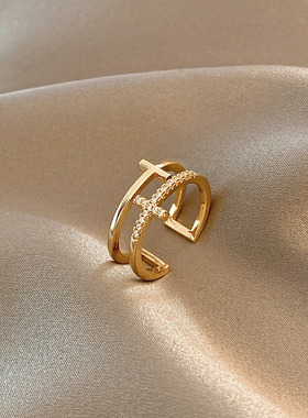 日韩双层十字架戒指女开口简约