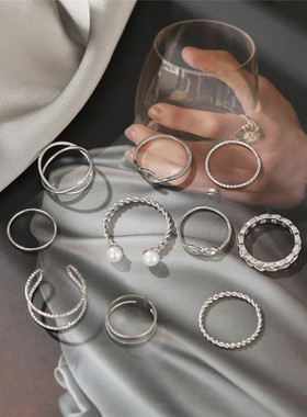 速卖通跨境ins冷淡风合金10件套戒指套装创意简约珍珠关节戒金色