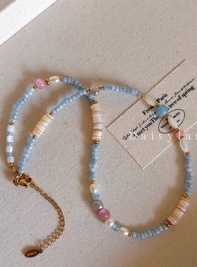 春夏清新度假风彩色串珠项链小众设计感时尚百搭甜美锁骨链批发