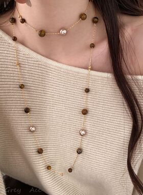美拉德复古虎眼石珍珠串珠双层项链女轻奢小众气质叠戴秋冬毛衣链