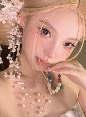 铃兰花朵流苏发夹新款复古新中式花朵紫色发饰品古风旗袍头花配