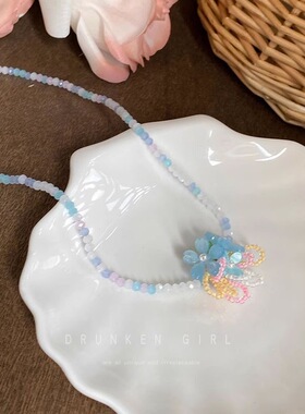 早春海棠花朵串珠项链女2025新款多巴胺配饰海边度假风甜美锁骨