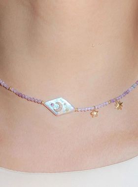 小众甜美巴洛克月亮星星紫色串珠锆石项链清新简约高级感锁骨