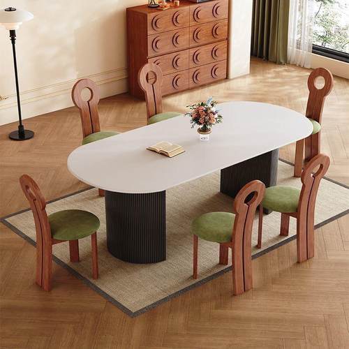 法式中古风岩板餐桌椅组合高级简约椭圆形轻奢家用小户型黑色复古 - 图1