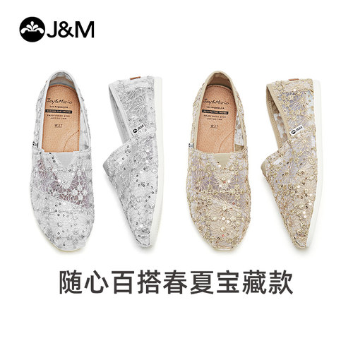 J&M/快乐玛丽夏季新款亮片平底懒人鞋镂空蕾丝一脚蹬透气女鞋202W - 图0