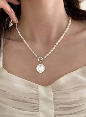 法式复古小众女王钱币巴洛克天然珍珠925纯银项链锁骨链毛衣链女