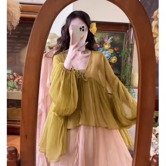 法式度假风红色雪纺衬衫女薄款夏季多巴胺设计感小众微透防晒上衣