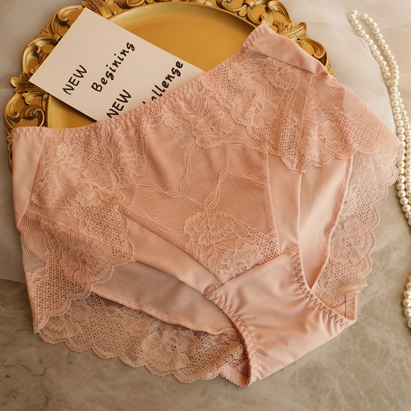 大码牛奶丝内裤女士高腰蕾丝边无痕包臀舒适纯棉裆胖mm三角裤透气 - 图0