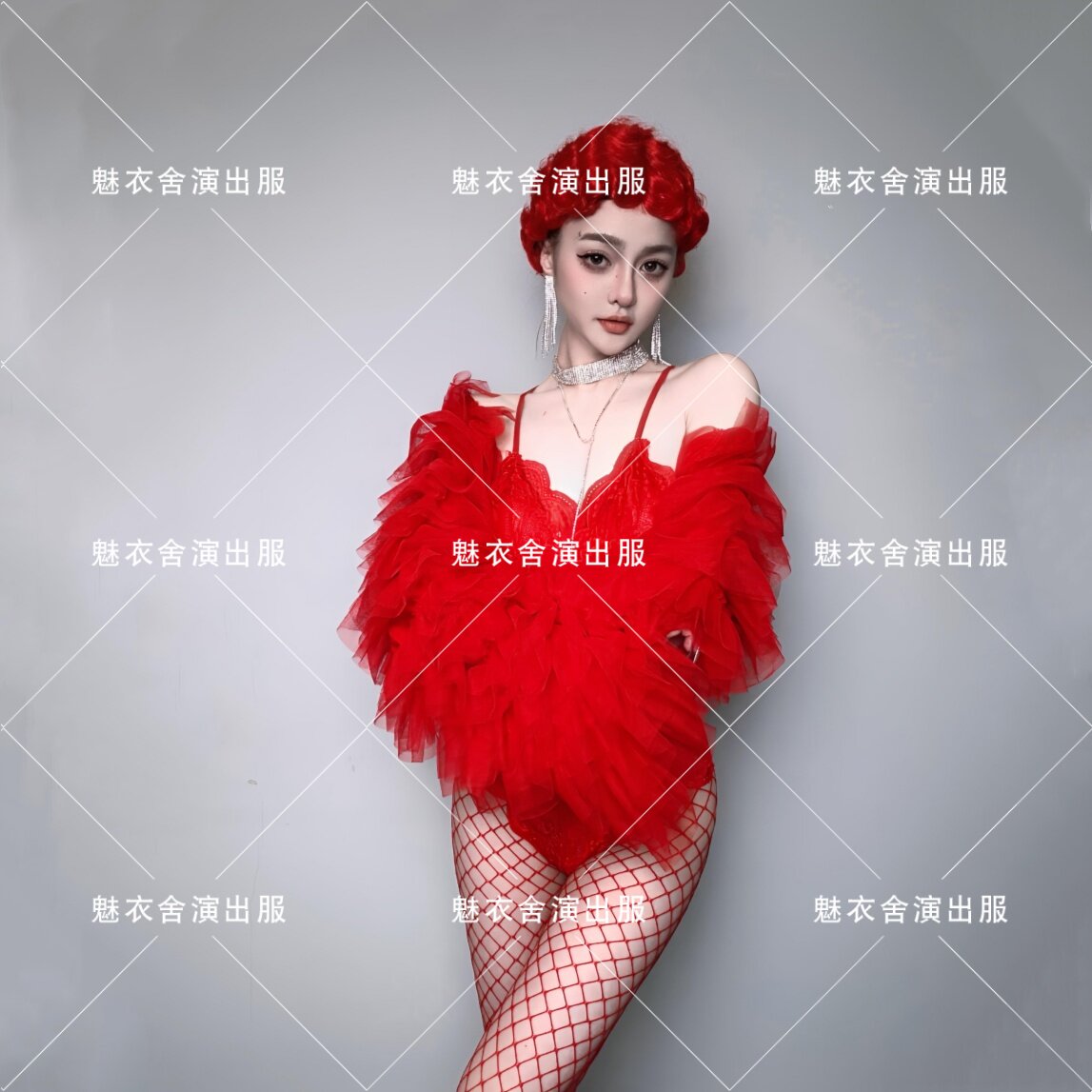 元旦情人节酒吧舞台GOGO红色复古蕾丝连体性感夸张蓬蓬纱袖演出服