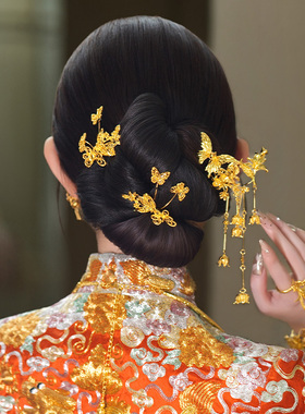 中式新娘头饰金色后区简约婚礼盘发龙凤褂蝴蝶小巧精致百搭发饰品