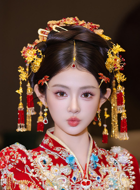 中式婚礼新娘发饰大后区手工红金色头饰宫廷秀禾服龙凤褂古装配饰