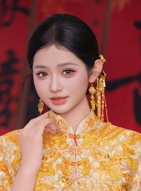 2025新中式秀禾头饰新款金色高级大气蝴蝶发簪汉服龙凤褂新娘发饰