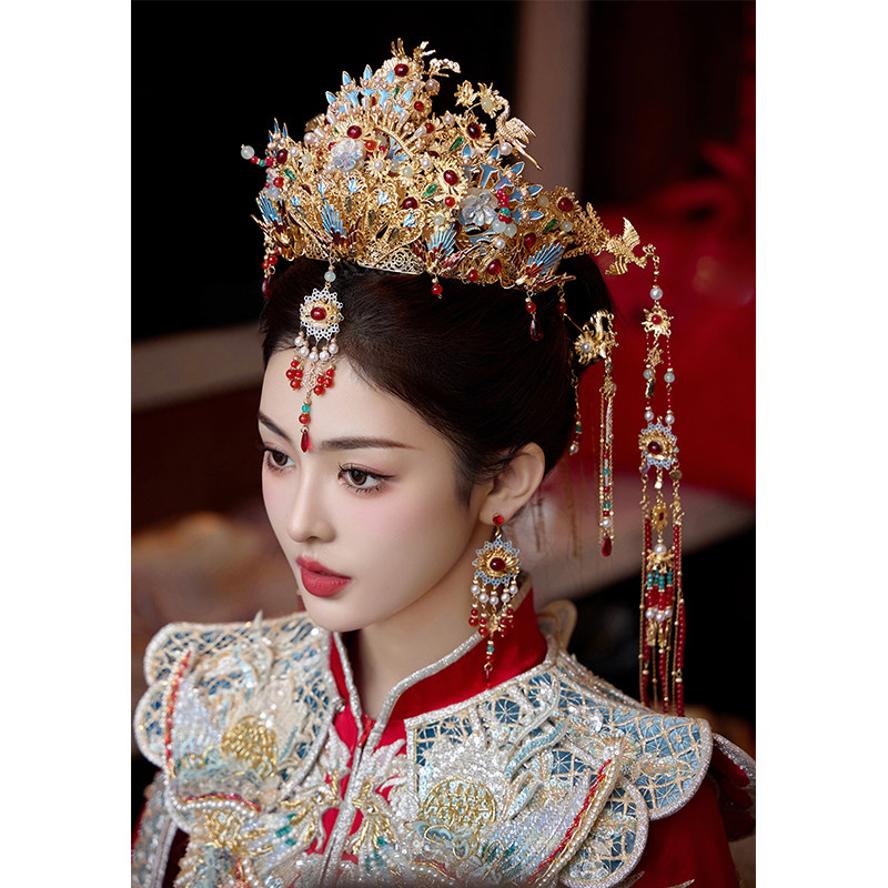明制凤冠头饰新娘奢华新款汉服发冠中式皇后大婚结婚眉心坠发饰品_虎窝淘