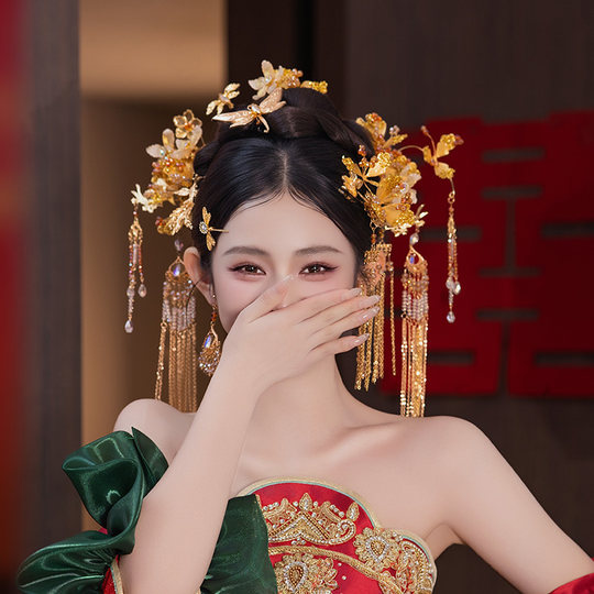 新娘中式秀禾服金色头饰花朵流苏发簪古典蜻蜓新款龙凤褂结婚发饰