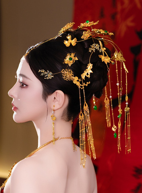 新款中式新娘结婚头饰减龄金色发钗金绿色瀑布后区龙凤褂发饰套装