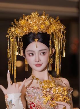 梦瑶新娘金色高级面帘花朵喜字大凤冠中式婚礼秀禾龙凤褂头饰发饰