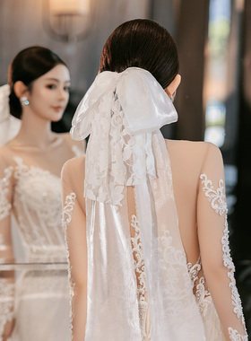 韩系新娘发饰仙气白色长款蝴蝶结蕾丝绢纱飘带森系轻婚纱拍照发饰