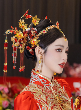 网红同款新娘头饰中式婚礼手作奢华秀禾服仙美金红色重工汉服发饰