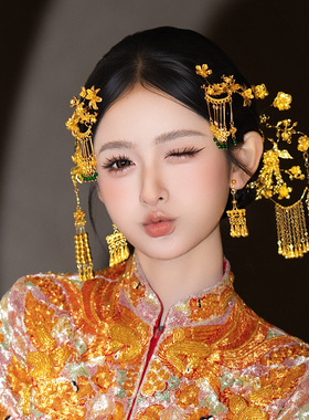 新款新娘发饰古典宫廷婚礼龙凤褂金绿配色流苏贵气感精致头饰套装