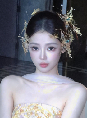 中式新娘头饰高级3D打印金色蝴蝶发饰百搭紫粉色轻奢婚纱礼服配饰
