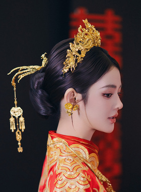 新款新娘头饰全金色花朵发冠简约龙凤褂旗袍后区凤凰流苏发簪发饰