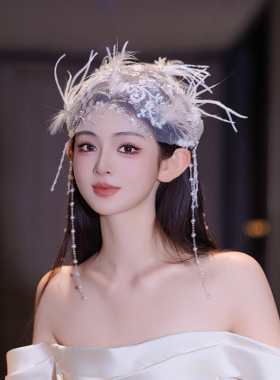 新娘头饰法式复古氛围感蕾丝羽毛串珠网纱创意帽纱样片婚纱发饰品