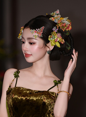 新中式甜美粉绿色兰花蝴蝶叶子发钗婚礼晨袍龙凤褂百搭复古头饰品