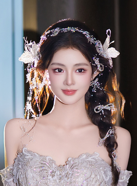 新款婚纱新娘头饰超仙韩系精致甜美蝴蝶透明水晶公主减龄婚礼发饰
