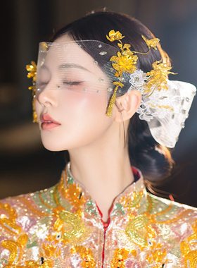 爆款中式新娘头饰龙凤褂复古新颖网纱小众高级感原创精致婚礼发饰