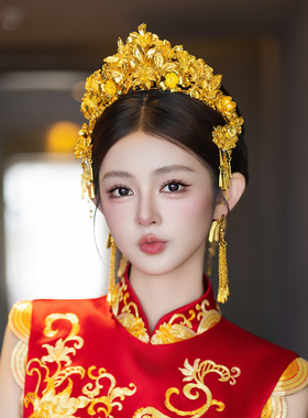 新娘头饰复古宫廷小巧高级贵气感婚礼旗袍干净盘发金色龙凤褂配饰