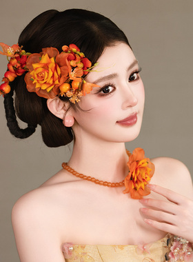 新中式新娘发饰秋天氛围感石榴仿真玫瑰花晨袍婚礼造型头饰品套装