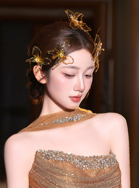 金色镂空蝴蝶新娘发饰铜丝网纱头饰仙气主婚外景晚宴礼服造型配饰