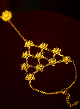 新娘配饰金色花朵手链连体戒指手背链唯美结婚秀禾服礼服古风饰品