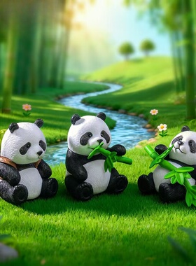 微景观大号可爱竹子熊猫公仔摆件