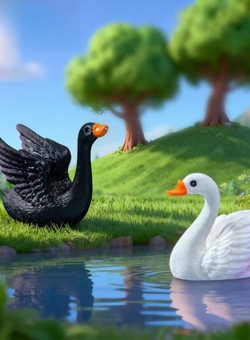 微景观可爱蓝粉黑天鹅装饰摆件