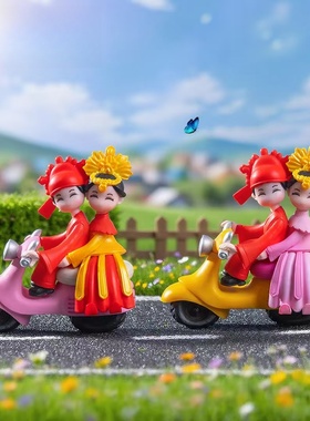 创意古装国风摩托车情侣公仔摆件