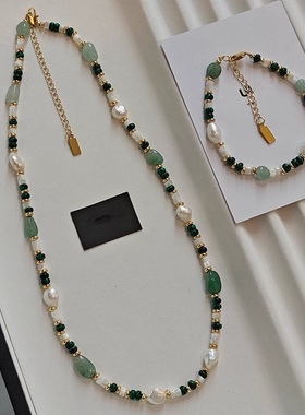 圣诞礼物 多巴胺淡水珍珠手链气质网红绿色孔雀玛瑙串珠锁骨颈链