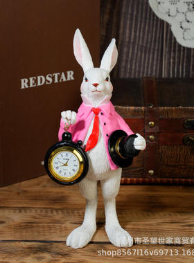跨境新品戴礼帽绅士兔可爱动物复活节树脂创意怀表时钟装饰品摆件
