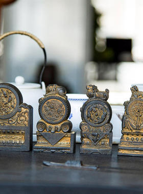 石门抱鼓新中式墩家居客厅桌面小摆件复古做旧品纯手工装饰品