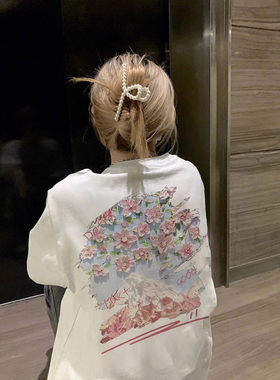 外贸尾单女装意大利剪标花朵山脉印花白色短袖T恤女夏季纯棉上衣