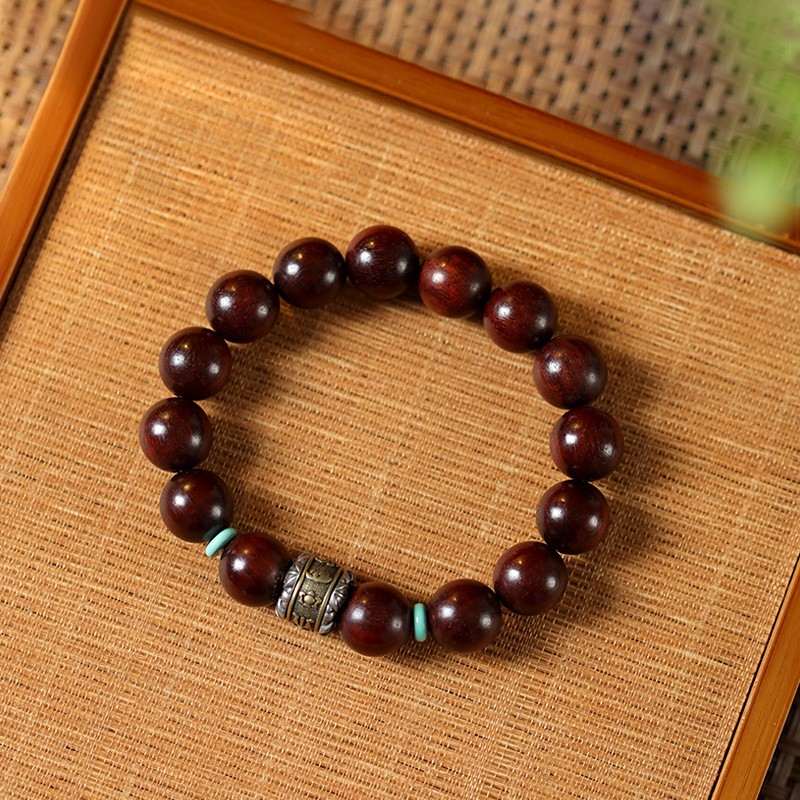 进口小叶紫檀手串藏银金刚杵轴承可转动转运珠单圈手链文玩木珠手 - 图1