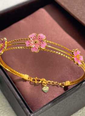 S925纯银滴胶桃花半镯手链新中式中国风花朵镀金多层手饰手环百搭