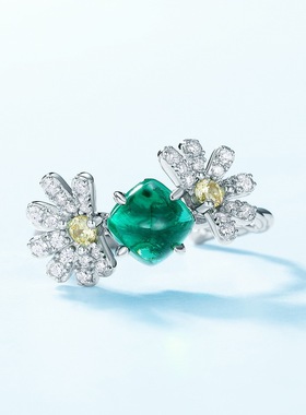 糖塔祖母绿花瓣戒指 培育祖母绿+S925银镀金+锆石 时尚轻奢复古女