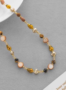 FS迪丽热巴同款虎眼石次项链 秋冬美拉德栗子色轻奢高级感锁骨链