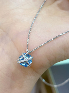 星光交织捆绑六角钻项链女单钻蓝色925银交叉缠绕锁骨链时尚通勤