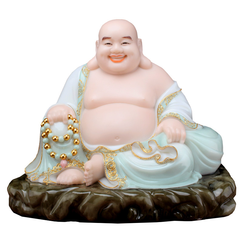 玉石弥勒佛像镶金宽体大肚佛开口笑佛未来佛元宝客厅人物玄关摆件_虎窝淘