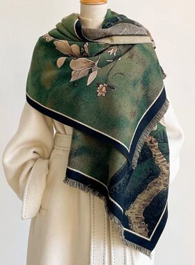 【绿玉兰】高端冬季澳绒加厚女士油画仿羊绒围巾中年妈妈保暖披肩
