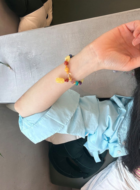 925纯银蜜蜡彩色多宝手链女新中式手工串珠弹力绳天然石手饰2024