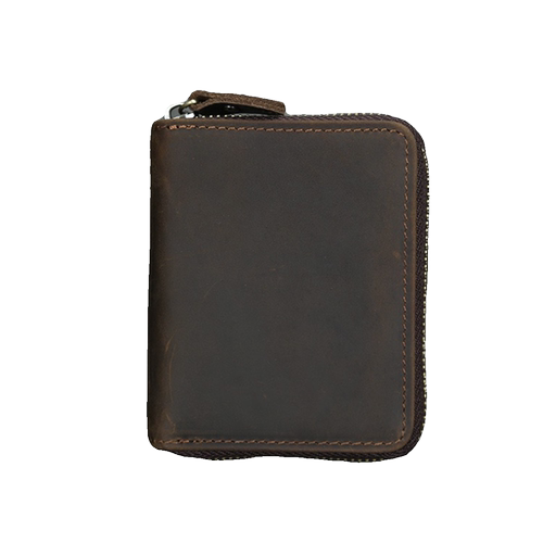 手工真皮拉链短钱包零钱包疯马牛皮男士复古头层牛皮多功能皮卡包 - 图3