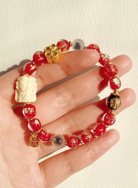 北京景区同款金箔本命年九尾狐潘家园手链香灰瓷琉璃桃花半糖手串